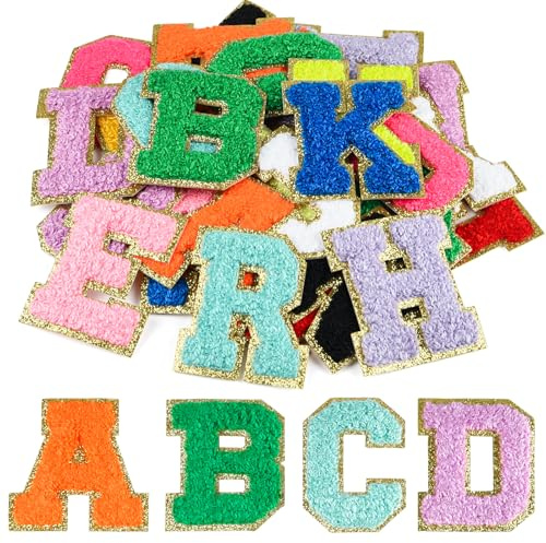 CHRORINE 26/52/104 Stück Selbstklebende Chenille Buchstabenflicken A-Z, Kann auch Nähen oder Bügeln, Bestickte Alphabet Patch Aufkleber für DIY Kleidung, Taschen, Hüte (26, Mehrfarbig, Höhe 2,16″)