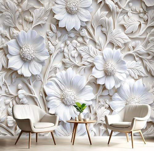 JEDTAKCT Papier Peint Panoramique Relief Floral 3D, Papier Peint Mural Photo Motif Plantes Médiévales Crème, Tapisserie Panoramique Salon, Décoration Murale Chambre, 250X175Cm