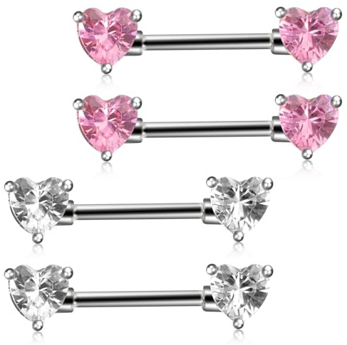 Josojoou 2 pares de piercings para pezón, juego de 14 g, color rosa con corazón, para pezón, acero quirúrgico, para mujer, para la lengua, el pezón