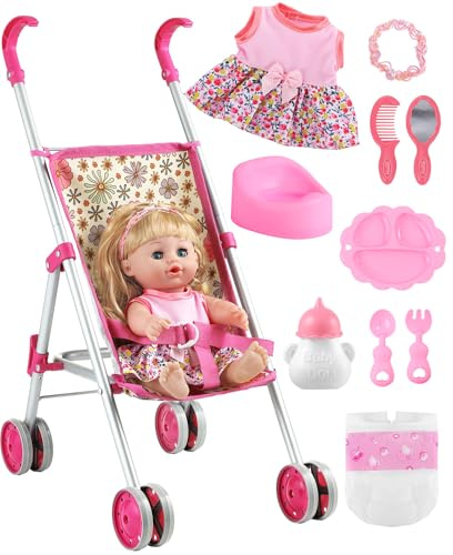 GAGAKU Set giocattolo con passeggino per bambole, bambola da 30 cm e accessori, passeggino giocattolo pieghevole e leggero per bambine dai 3 anni in su, Motivo margherite con bambola