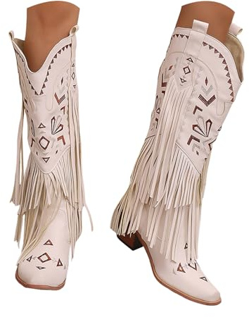 Xbemkste Dam cowboy stövlar västerländska stövlar med tofsar vintage långa stövlar med klack spets tå franskstövlar slip-stövlar knähöga stövlar vinter damstövlar