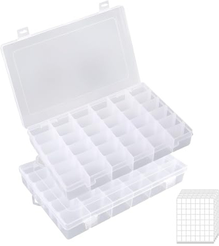 QinyOulhause 2er-Pack 36 Fächer Transparente Stapelbare Aufbewahrungsbox Kunststoff Sortierbox mit verstellbaren Trennwänden ideal für Perlen Schmuck Basteln Angelzubehör Spielzeug inkl. 5 Etiketten