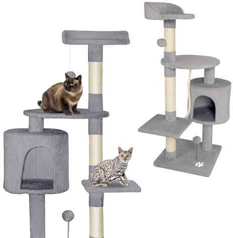 Gaczoo Kratzbaum Klein 42 cm hoch - mini Katzenbaum mit Spielball Tunnel Sisalstamm und Plüschplatform - zum Krallenwetzen, Spielen, Schlafen - Stabil & Platzsparend 35x35cm Basis - Hellgrau