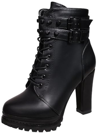 NHBEOEN Women's Leather Studded Chunky Heel Ankle Boots with Side Zipper Fashion Round Toe Buckle Strap Lug Sole High Heel Goth Booties for Party Dates Motorcycle Boots (8,black)