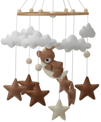 Xiyocadt Mobile Filz Mobile Babybett BäR Baby Mobiles Baby Schlummernder BäR Filz Bettglocke Windspiele FüR Kleinkind Schlafzimmer HäNgende (45cm,Braun)