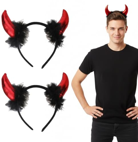 YUVKIN 2 Pcs Serre-tête Cornes de Diable – Bandeau Oreilles pour Femmes, Hommes & Enfants, Accessoire Halloween Carnaval Déguisement, Costume de Diable pour Soirée à Thème & Fête (Rouge-Noir)