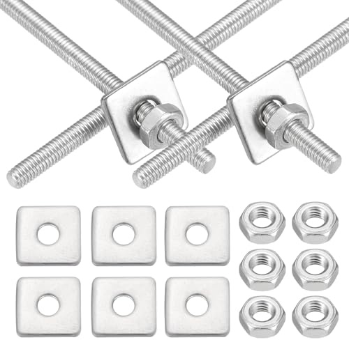 sourcing map Set di 6 aste filettate M3 x 50 mm, in acciaio inox 201, filettatura destra con dado e rondella quadrata per viti di fissaggio di ancoraggio strutturale