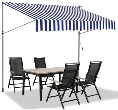 Ollewiellan Klemmmarkise 200cm Breit mit Handkurbe, Balkonmarkise ohne Bohren, Markise Höhenverstellbar UV50+ Sonnenschutz wasserabweisend, einfache Montage, Blau Weiß