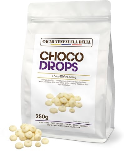 Cacao V Delta Cobertura Choco Blanca Especial 250g de Fácil Atemperado, Buena Fluidez y Brillo - Equivalente a Chocolate Blanco Profesional Gotas - Repostería, Pastelería, Baños, Moldes y Decoraciones