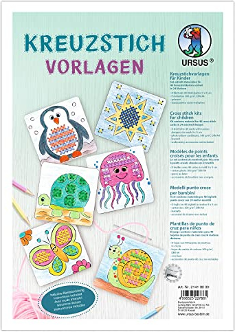 Ursus 21410099 - Kreuzstichvorlagen, 8 Blatt, 48 Kreuzstichkarten in 24 verschiedenen Motiven, ca. 9 x 9 cm, aus Fotokarton 300 g/qm, gelasert, DIN A4, inklusive Bastelanleitung, für Kinder