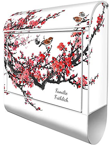 banjado Design Briefkasten personalisiert Motiv Japanische Blüten 1 38,5x46,5x13cm & 2 Schlüssel - Briefkasten Stahl Weiß Zeitungsfach pulverbeschichtet - Postkasten A4 Einwurf inkl. Montagematerial