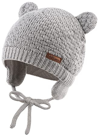 XIAOHAWANG Baby Wintermütze Jungen Mädchen Warmer Strickmützen Weicht Baumwolle-Futter mit Süße Bärenohren Winter Babymütze(Grau, M)
