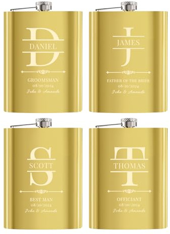 Flasques a Alcool Personnalisés, 4 Pièces Flasques Whisky Inox 304 8oz/227ml Personnalisables, Cadeaux Personnalisés Homme avec Texte pour Témoins du Marié Groomsman, Cadeau de Mariage (Doré)