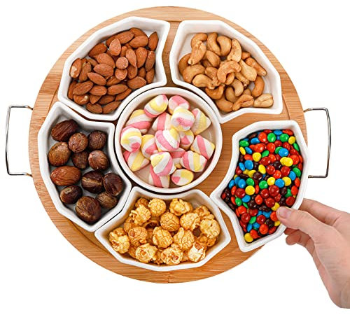ZENFUN Serviertablett und Platte, 27,9 cm unterteilte Dipschalen mit Bambus-Tablett, abnehmbare Vorspeisen-Snack-Schalen mit 6 Fächern, runde Servierplatte für Chips und Dips, Obst, Gewürze