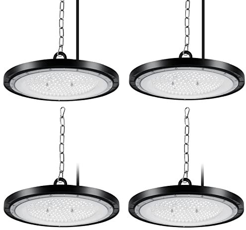 4er 100W UFO High Bay Light, 10000LM LED Hallenstrahler, 6000K-6500K Tageslichtweiß Ultradünne LED Werkstattlampe, IP65 Wasserdichte Industrielampe High Bay Licht für Fabriken,Garage,Lagerhaus