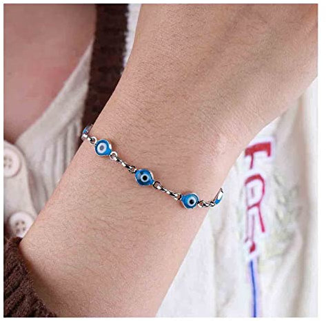 Yheakne Boho Evil Eye Bracelet Blue Eye Chain Bracelet Evil Eye Station Bracelets Silver Hand Chain Bracelet Lucky Eye Protection Jewelry for Women and Girls Gifts (Silver), 1.0 count, 0.01 kilograms
