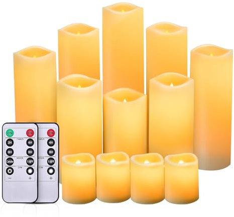 IMAGE Flameless Flickering Candles, Waterproof Battery Operated LED Pillar Candles with Votive Candles, Ivory Plastic Candles with Remote Timer for Christmas Wedding Home Decor, Set of 12