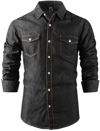 Tianerhay Denim Shirts for Men Long Sleeve Western Shirts with Two Pocket | Cotton Blend,Lightweight,Button Down Vintage Cowboy Shirts,Regular Fit,for Work Casual Daily Outdoor