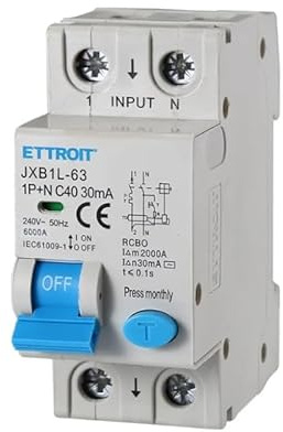 Interruptor magnetotérmico diferencial 30 mA, 1P+N Tipo AC Curva C 6 KA 220 V, Ocupa 2 módulos DIN, RCBO 1P+N 30 mA C40 40 A