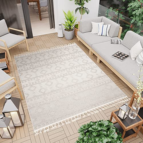 TAPISO Timber Teppich Outdoor Beige Creme Terasse Balkon Sisaloptik mit Fransen Geometrisch Boho Design Küche Indoor Wetterfest ÖKO-TEX 120 x 170 cm