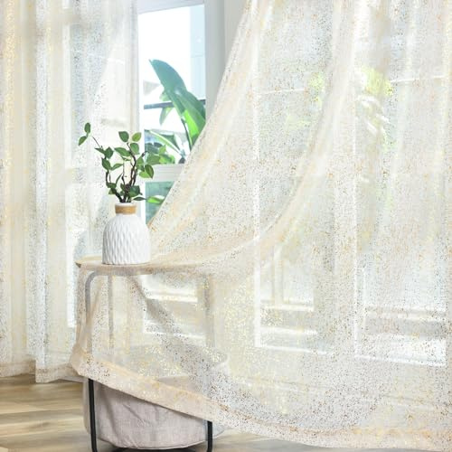 TERLYTEX Durchscheinende Vorhänge, Metallic-Gold, 2 Schals, schimmernd, Taupe/Gold, für Wohnzimmer, Stangendurchzug, Sichtschutz, Lichtfilterung, glitzernde Vorhänge, 132 x 244 cm | Stangentasche, Lichtfilterung, luftiger Stoff, warmer Schimmer, dezente Privatsphäre, bodenlang, hohes Fenster, Wohnzimmer