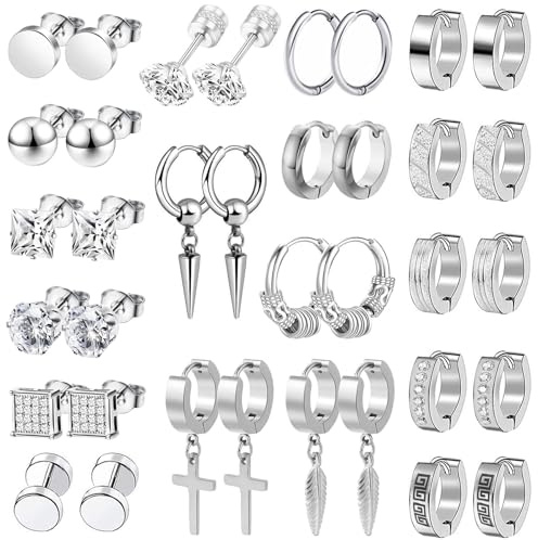 18 Paare Ohrringe Herren Edelstahl Creolen Kreuz Feder Hängend Ohrringe Männer Silber Ohrstecker für Herren Damen Cool Kpop Ohrring Set