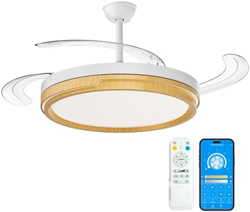 Casa Shop Ventilador con Luz LED 66W + Motor DC 30W, 8280 lm, con mando, Ultra Silencioso con Motor DC, 6 velocidades, aspas retráctiles, 3 temperaturas de luz, función verano-invierno (Madera)