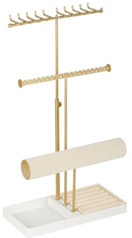 Tirzah 3-stufiger Verstellbarer Schmuckhalter-Organizer-Ständer mit 20 Haken für Halsketten, 18 Löchern für Ohrringe, Armbandhalter, 6 Ringrollen und Schmucktablett für Mädchen und Frauen