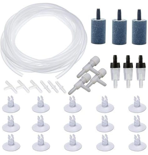 OPDUO 31 Pcs Air Pump Accessories for Fish Tank,16.5 ft Standard Airline Tubing,3 Bubble Release Air Stones,3 Check Valves,15 Suction Cup Clips,3 Air Switch Pump Valve Regulator,6 Connectors