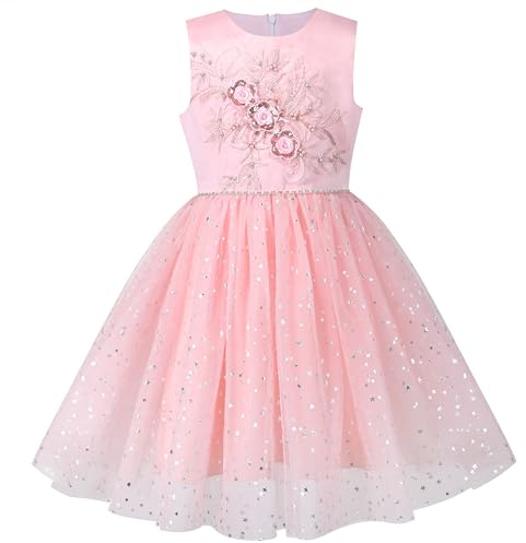 Sunny Fashion Mädchen Kleid Rosa Blumen- Stern Perle Pailletten Funkeln Tüll Party Kleid Gr. 134,Rosa Blumenpailletten,134