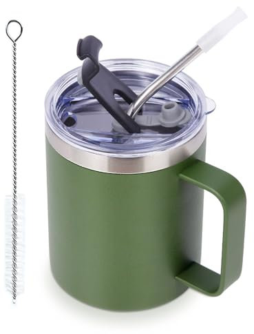 Volhoply Tasse à café isotherme étanche de 355 ml avec couvercle à rabat et paille – Tasse de voyage sous vide à double paroi en acier inoxydable avec poignée – Tasse de camping réutilisable pour