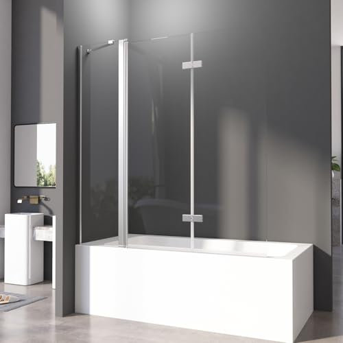 Duschwand für Badewanne faltbar 2 teilig 150 x 140 cm Badewannenaufsatz Duschtrennwand mit Stabilisator und Feste Teile 6mm ESG Glas Nano Beschichtung Duschtrennwand