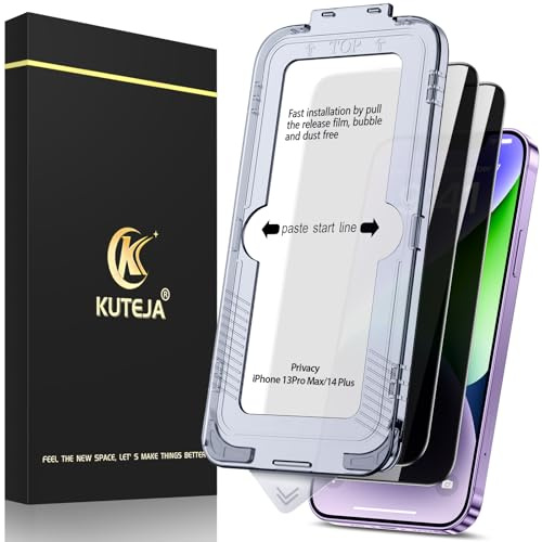 Kuteja Panzerglas Sichtschutz für iPhone 13 Pro Max/14 Plus [2 Stück], 9H Härte Anti Spähen Full Screen Schutzfolie, Automatische Staubentfernung Folie, Anti-Fingerabdruck, Anti-Kratzen