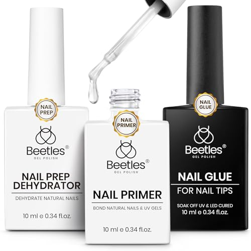 Beetles - Juego de 3 adhesivos de gel para uñas deshidratadoras e imprimación, sin ácidos y sin hema, deshidratados, para uñas de prensado, extensión de uñas