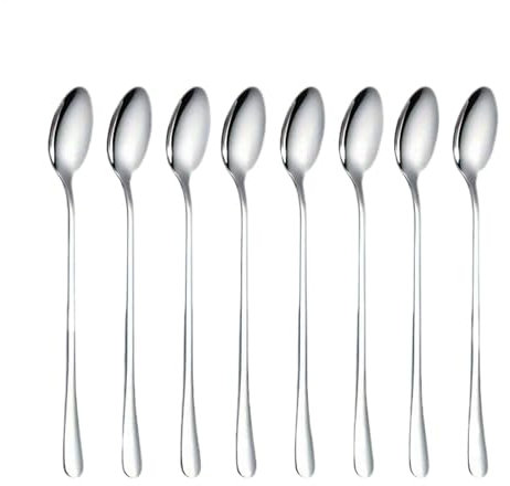 Cucharillas largas – Cucharillas de mango largo | Cucharas de helado | 8 cucharas de cóctel de mango largo de acero inoxidable | Juego de vajilla de 7.87 pulgadas Cucharilla helada agitador de bebidas