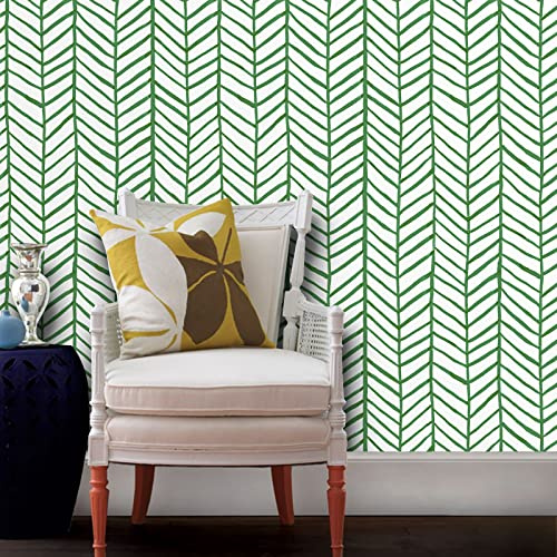 Tapete Grün Streifen,44.5 x 1000cm Grün Tapete Klebefolie Möbel Grün Weiß Tapete Selbstklebend Grün Geometrisch Tapete Fischgrät Klebetapete Möbelfolie Selbstklebend für Wohnzimmer Schlafzimmer Küche