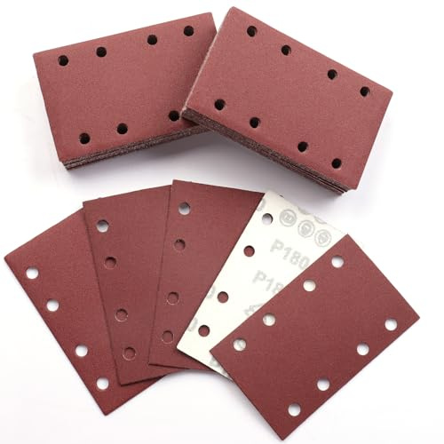 Sruhrak 50 Piezas 80x133mm Lijas para Lijadora, 180 Grano Rectangulares Papel de Lija 8 Agujeros Hojas de Lija para Rectangulares Lijadoras y Lijadora Orbital | Hoja de lija rectangular profesional para lijadora orbital, 8 agujeros, para madera, metal, pintura, pintura