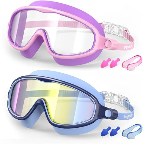 VegoVia 2 Pack Swim Goggles for Kids 6-14, Swimming Pool Goggles for Kids 8-14, Anti-Fog UV Protection for Toddler Youth Teens Boys Girls 6-14, 180°Wide View No Leaking for Pool Beach
