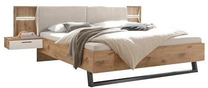 Bettanlage >Daria< Viking Oak hell / Weiß, 180x200 cm Liegefläche, gepolstertes Kopfteil in Cordoptik Beige, Beleuchtung, inkl. Nachtkommoden, zerlegt, modernes Design, 297,6x98,8x222,4 (BxHxT).