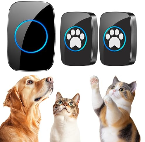A10 Blk Katzenklingel & Hundeklingel (2 Klingeltaster + 1 Empfänger) | Kabellose Türklingel, 300 m, LED, 60 Melodien, Wasserdicht, Buzzer Hund, Katzenglocke, Katzen Klingel Tür Außenbereich