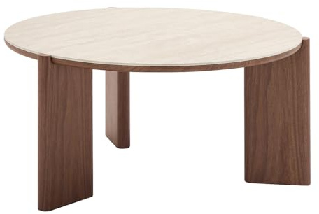 Vente-unique - Table Basse en céramique et placage Noyer - Effet travertin et Naturel - MUNYRA