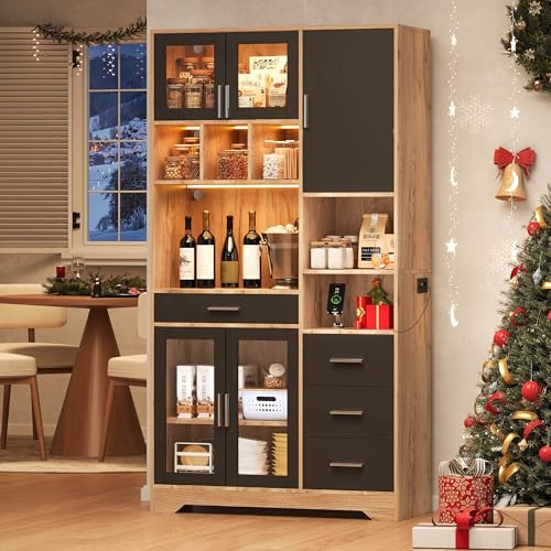 Aunvla Estantería de cocina, estilo granja, armario alto, armario de almacenamiento, armario de vitrina, estantes ajustables, luces LED que cambian de color y enchufe, 185 × 100 × 40 cm