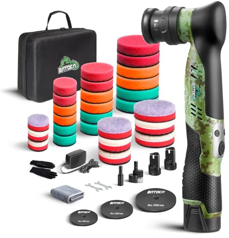 BATOCA S5 Sladdlös Mini Polermaskin Excentrisk och Roterande Bilpolermaskin | med polerskivor på 25 mm, 50 mm och 75 mm för bilvård, komplett med 2 batterier, 6 hastigheter, 2000–5500 varv/min