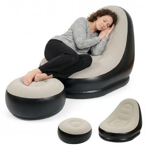 Aufblasbares Sofa, Aufblasbarer Sessel mit Fußhocker Wasserdichtes Luftsofa | Tragbare Camping Sofa, Couch Aufblasbar mit Beflockter Oberfläche für Reisen Wohnzimmer Outdoor, 125x100x85 cm