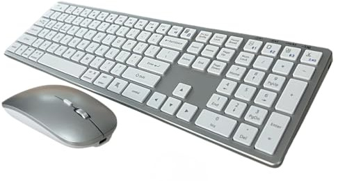 EMR K869 Full Size Rechargeable Wireless Bluetooth Keyboard Mouse, Multi-Device Slim Multimedia Wireless Keyboard and Mouse Set for Windows, Mac OS, Laptop, PC, Tablet, iPad, QWERTY (White/Silver)