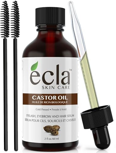 Castor Oil Organic Cold Pressed - Eyelash & Eyebrow Growth Oil 100% Pure USDA Certified 60ml - 2 Oz for Hair, Beard, Eyelashes and Eyebrows - Includes a Set of Brushes and Eyeliner Applicators kit