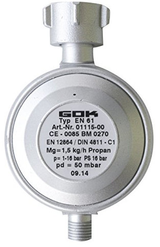 GOK Druckminderer Gasgrill 1,5 kg / 50 mbar PS 16 bar Temperatur TS-20 °C / +50 °C