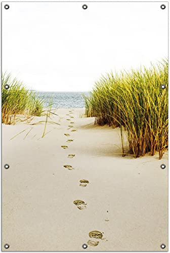 Wallario Outdoor-Poster für Garten oder Balkon Spuren im Sand- Fußspuren durch die Düne zum Meer, Motivbanner Größe: ca. 100 x 150 cm, Outdoor-Bild