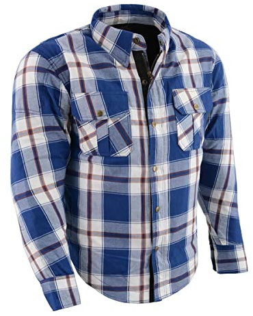 Milwaukee Performance MPM1645 Men's Blue, White and Maroon Armored Long Sleeve Flannel Shirt with Kevlar (Large)