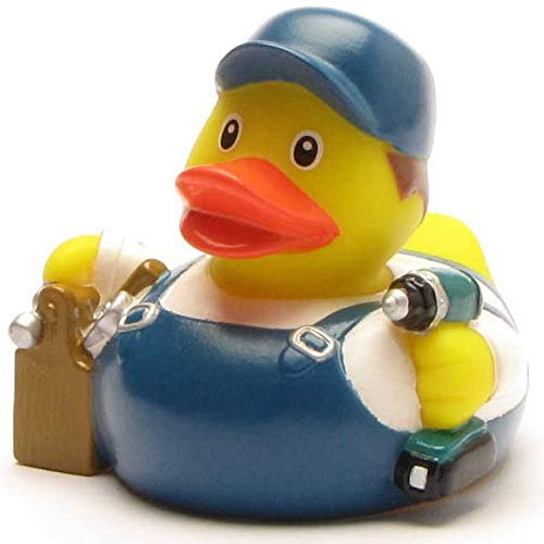 Duckshop I Badeente Monteur I Quietscheente I L: 8 cm I inkl. Quietscheentchen-Schlüsselanhänger im Set I Geschenk Mechaniker I Präsent Sammler